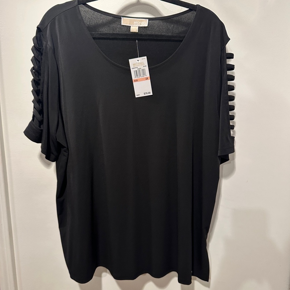 NEW Michael Kors Black Short-Sleeve Tee with Ladder Sleeve Detail 2X